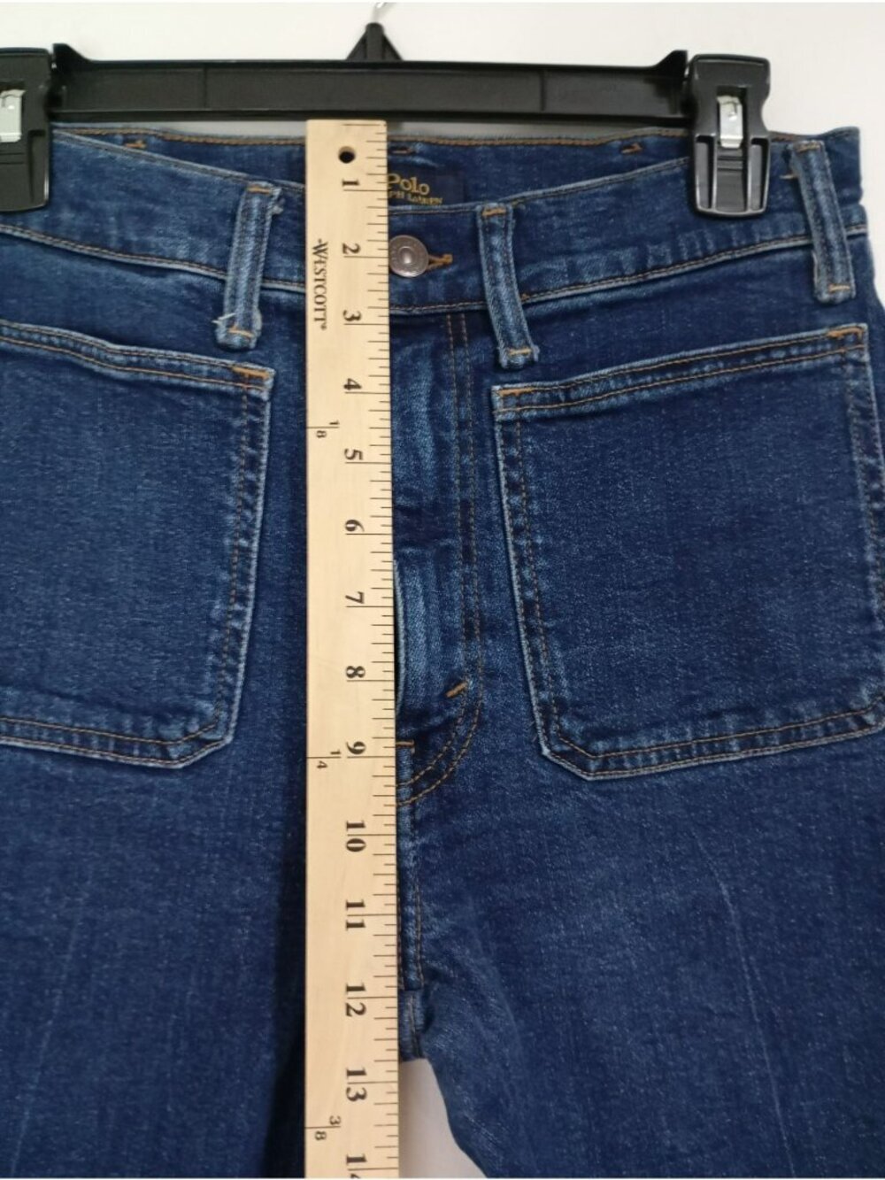 Polo Ralph Lauren High Rise Blue Denim Jeans Patch Pockets Flared Leg - Size 28 - Picture 8 of 13